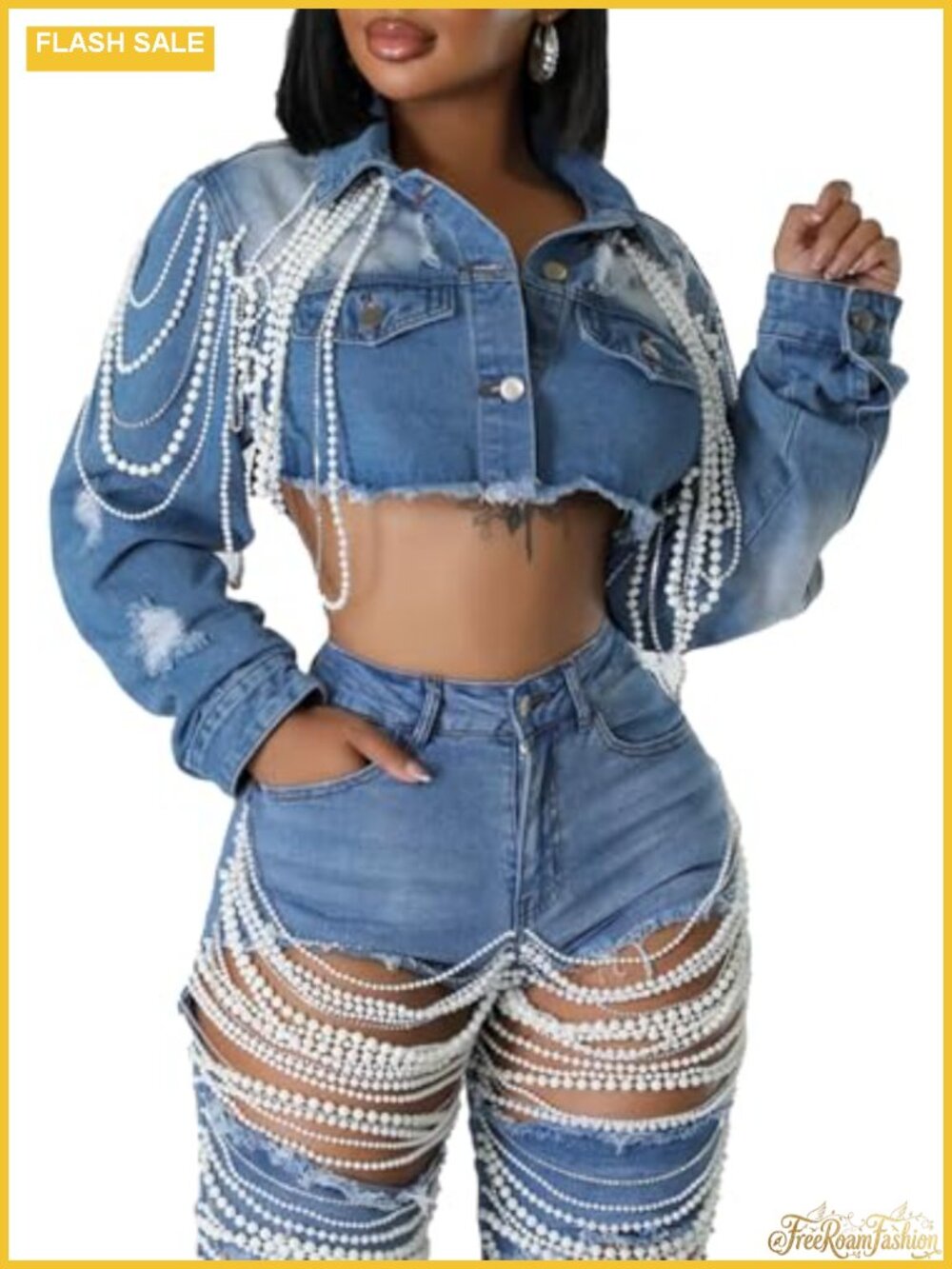 Women's Cropped Denim Jacket Ripped Pearl Button Down